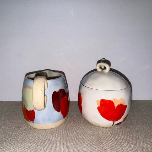 Anthropologie Tulip Creamer & Sugar Bowl Flowers Floral Modern Red W/spoon NEW - Picture 2 of 12